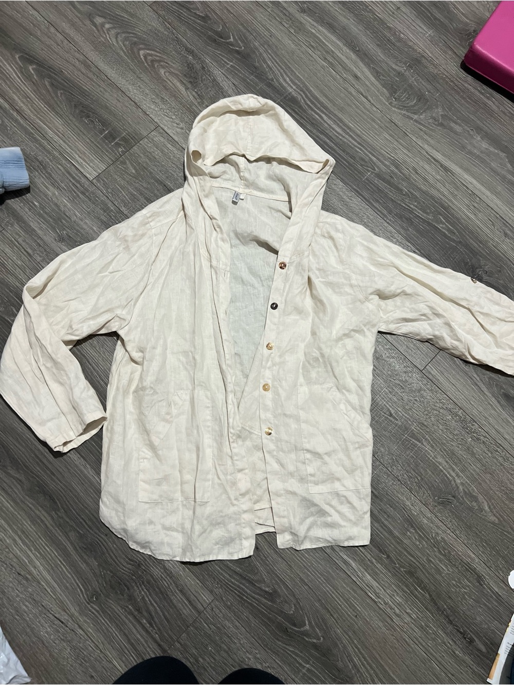 Kleen 100% linen hooded button up cream cardigan lightweight trendy cute large